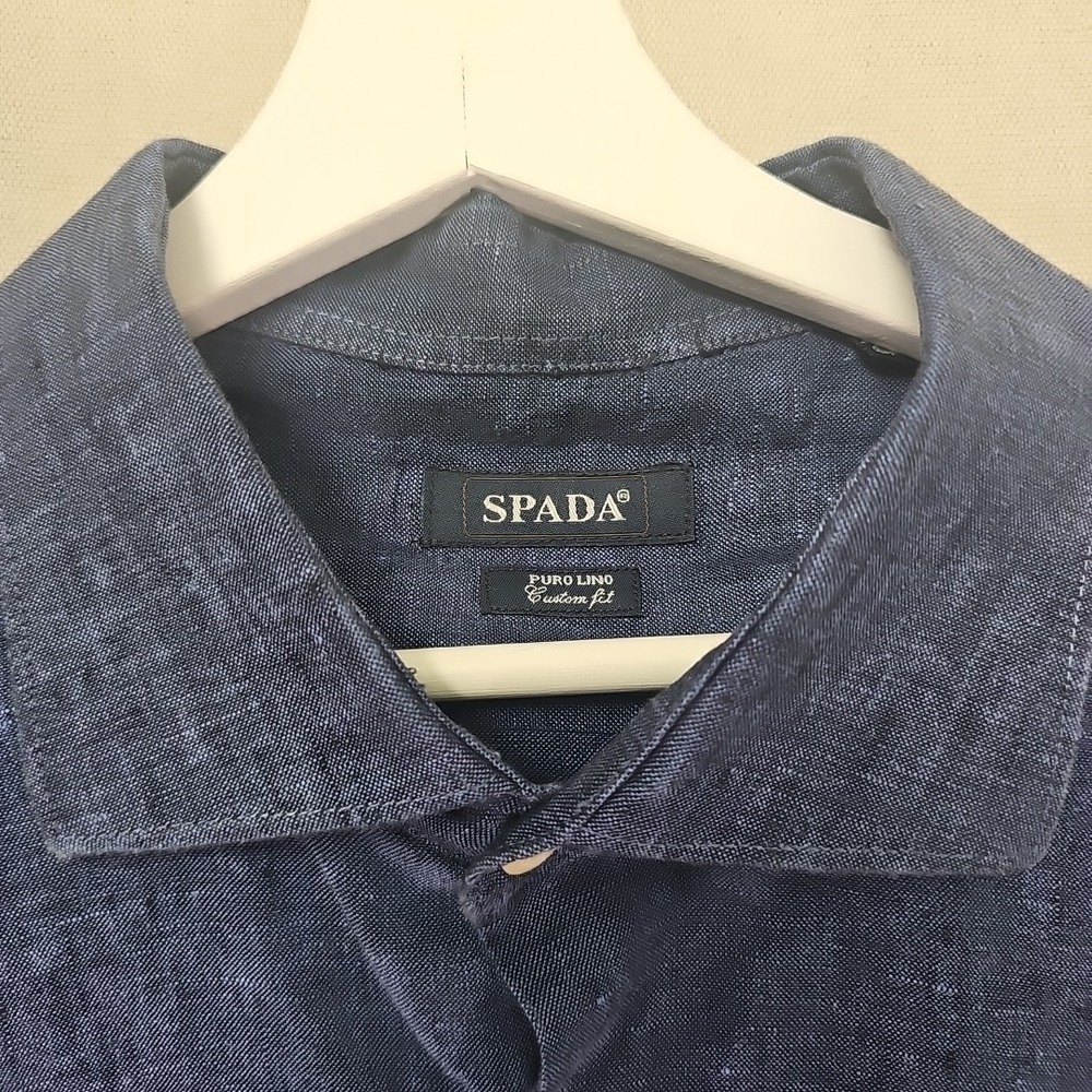 SPADA Puro Lino Men's 17.5 44 Blue Button Up Long Sleeve Shirt 100% Linen Italy - Picture 4 of 12